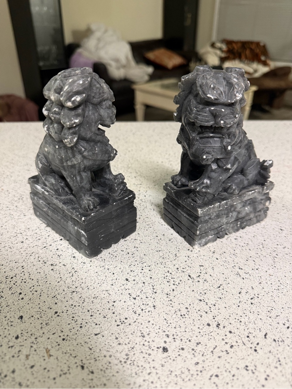 Chinese Foo Dogs Guardian Lion- Gray Stone Jade Quartz Pair